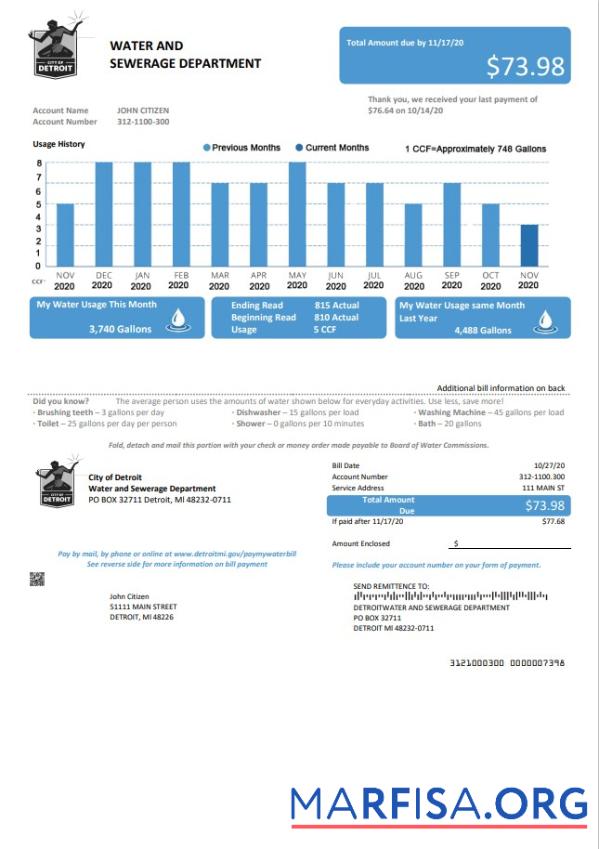 Printable USA Ohio City of Detroit water utility bill template in Word and PDF format